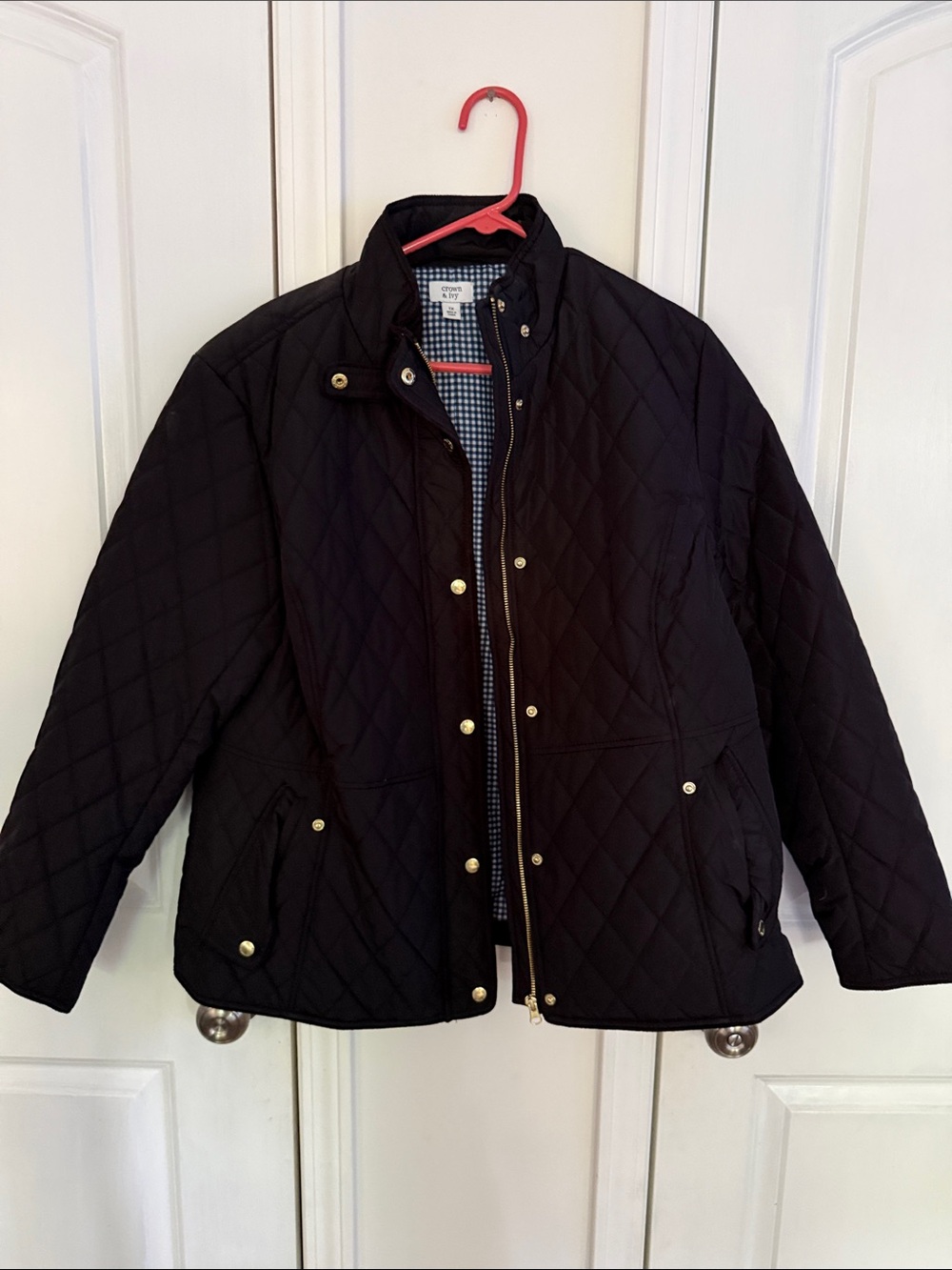 crown & ivy Black Quilted Puffer Jacket with Snap Front